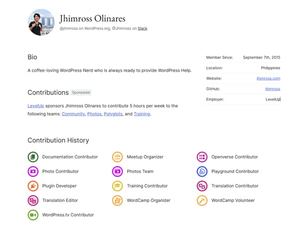 Jhimross Olinares WordPress.org Profile A screenshot of Jhimross’ WordPress.org profile showing his bio, contribution history, and badges earned across teams including Documentation, Plugin Development, WordCamps, Training, and Community.