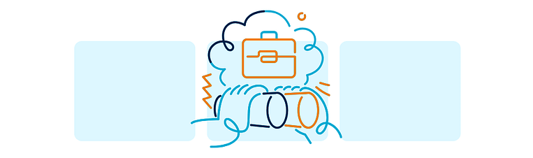 Where to Hire a Social Media Manager – Illustration A stylized illustration of binoculars under a thought cloud with a briefcase icon, representing searching for the best place to hire talent.