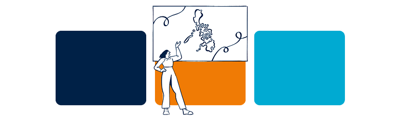 Building Your Dev Team in the Philippines Illustration of a woman pointing at a map of the Philippines on a board, highlighting outsourcing opportunities