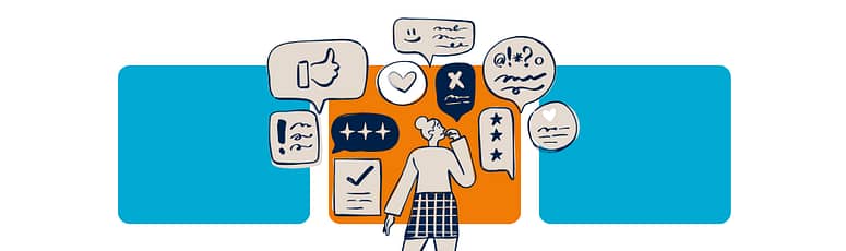 How writers handle tone, voice, and audience fit Person thinking, surrounded by mixed feedback icons and rating symbols