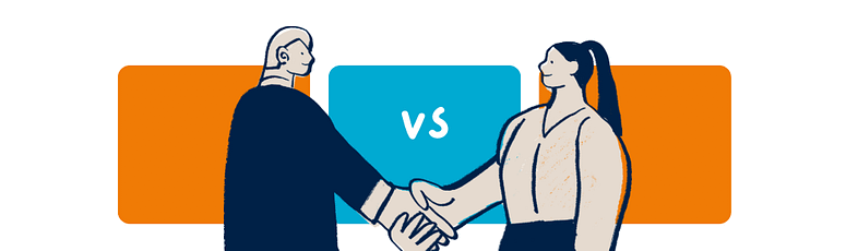Comparison between content writers and copywriters Two figures shaking hands