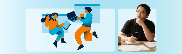 Illustration of people collaborating alongside a portrait of John Carlo