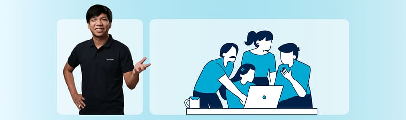 Offshore marketing professional alongside an illustration of a remote team reviewing work on a shared laptop.