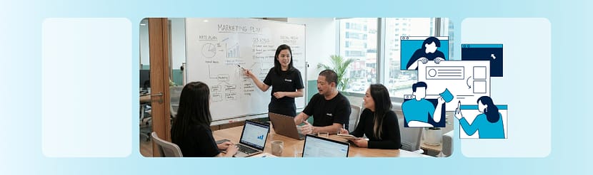 Remote marketing team reviewing a marketing plan together, with visual elements showing planning and collaboration.