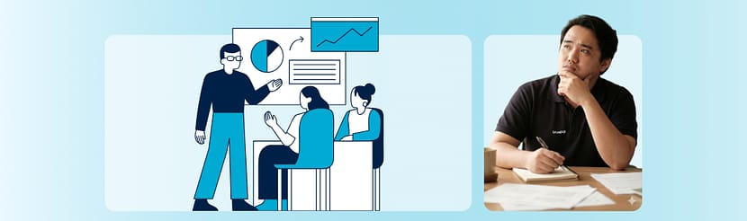 Client reviewing marketing results while a remote team presents performance updates and insights.