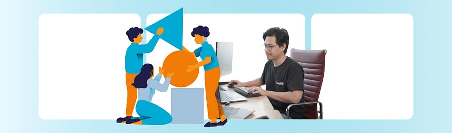 How to Hire Dedicated Software Developers A developer works on his computer while teammates assist with planning using shapes and visuals, illustrating the structured steps in hiring dedicated developer