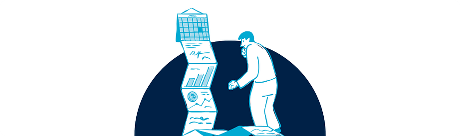 In house vs outsourcing Decision-maker looking at a tall stack of hiring options