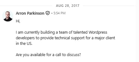 A screenshot of a 2017 LinkedIn message from Arron Parkinson offering a WordPress role. 