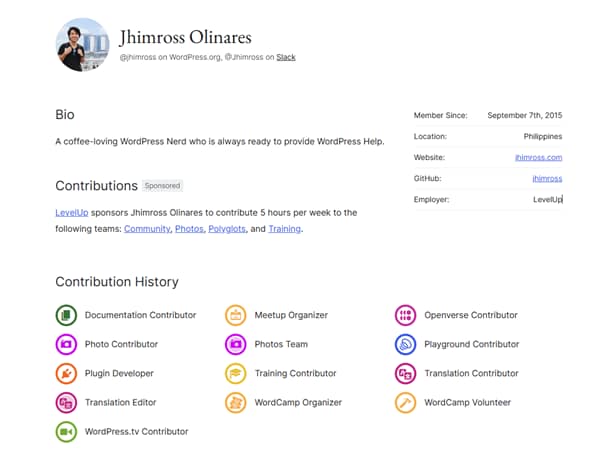 A screenshot of Jhimross’ WordPress.org profile showing his bio, contribution history, and badges earned across teams including Documentation, Plugin Development, WordCamps, Training, and Community.