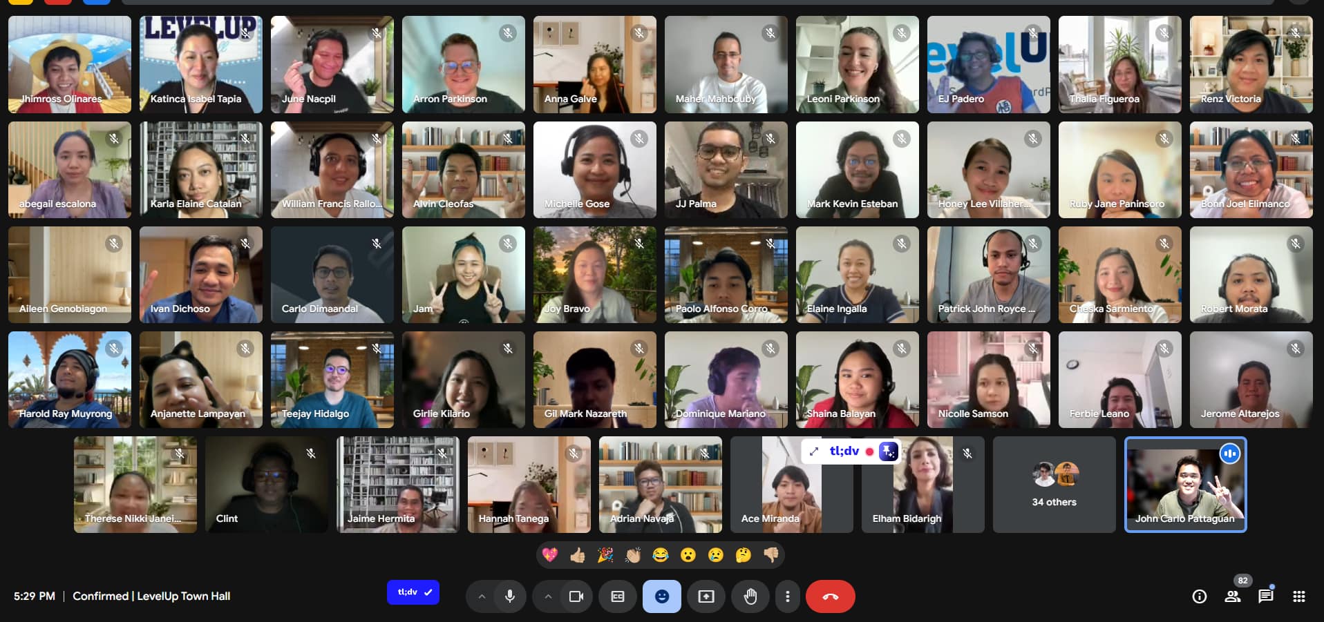 Screenshot of a large Google Meet call with LevelUp’s offshore team during a virtual town hall meeting.