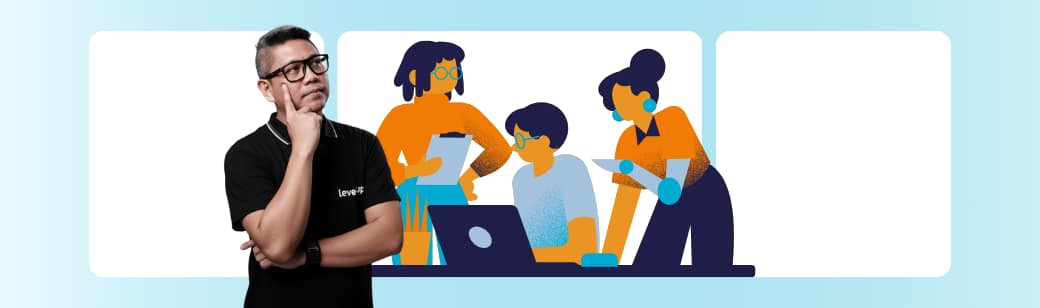 A team of professionals discusses a project in front of a laptop, symbolizing collaboration and teamwork among dedicated offshore software developers.