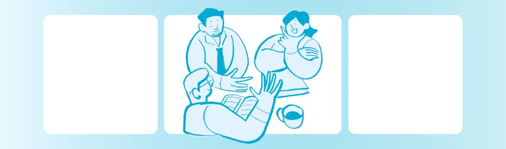 Illustration of three colleagues in discussion with coffee on the table, symbolizing honest reflections and teamwork at LevelUp.