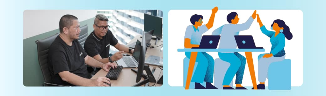 Two offshore back office team members working at computers in an office with an illustration showing teammates collaborating on tasks.