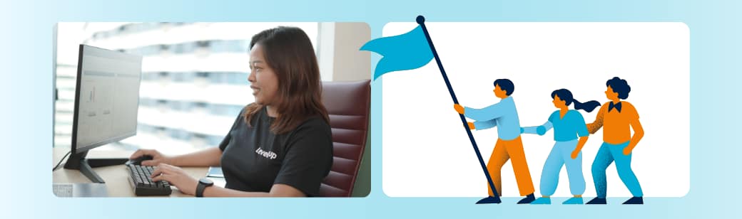 Offshore back office team member working on analytics while an illustration shows teams progressing toward business goals.