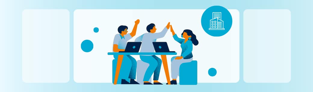 Illustration of two teams working on laptops in a shared digital workspace.