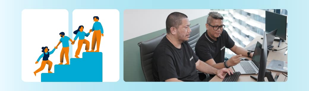 Illustration of people climbing steps alongside a photo of two LevelUp team members working at their desks.