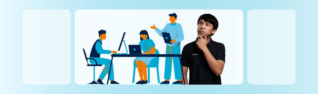 LevelUp staff photo combined with illustrated people discussing work at a table.